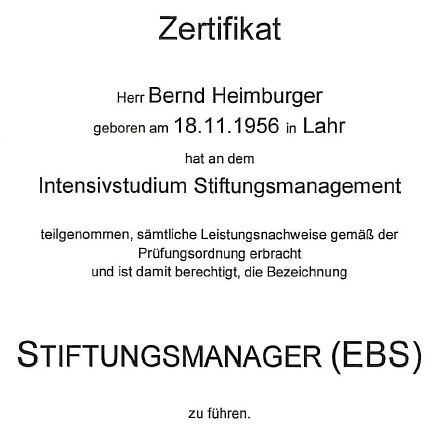 Zertifikat Stiftungsmanager (EBS) Bernd Heimburger